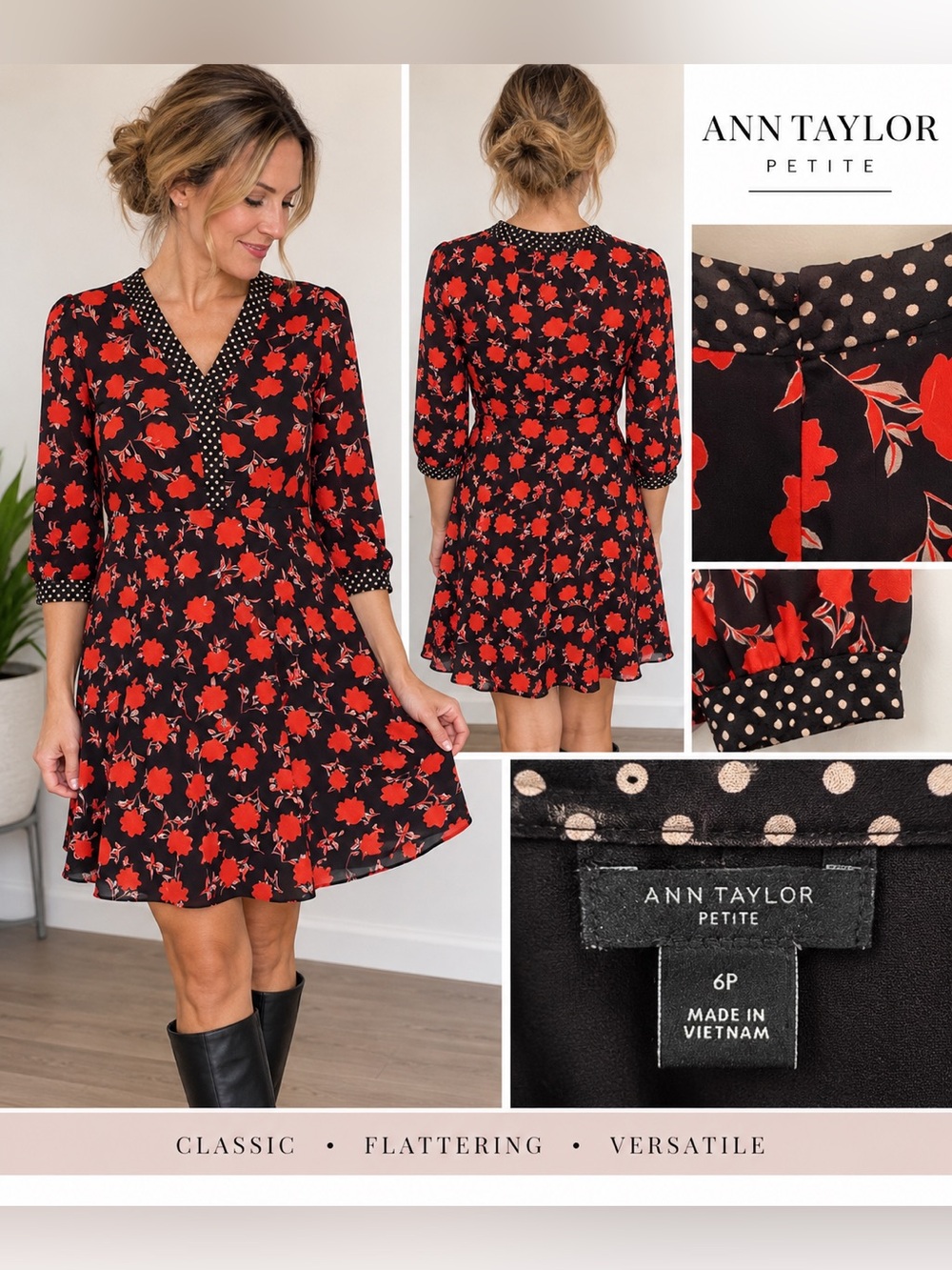 Ann Taylor Petite Floral Polka Dot Dress Black Red Size 6P